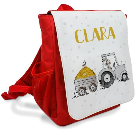 Kinderrucksack Bauernhof Traktor Kindergartentasche Kiga Geschenk Mädchen Junge ab 3 Jahre (Traktor/Hase rot)