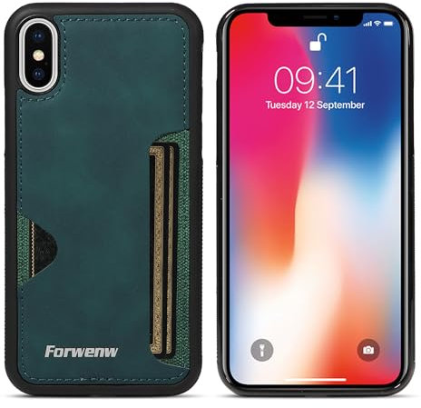 LOLFZ Case for iPhone X iPhone XS, Slim Back Case with Card Holder Premium PU Leather Cover Shockproof TPU Bumper Protective Phone Case Cover for iPhone X/XS - Green