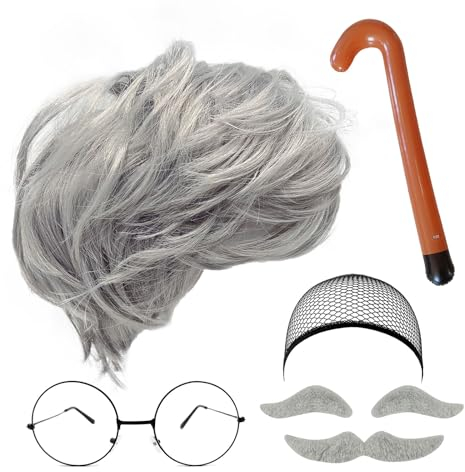 MIVAIUN 8 Stück Opa Kostüm Set Graue Perücke Schnurrbart Augenbrauen Perücke Mütze Brille Aufblasbare Spazierstock Mann Kostüm Zubehör Rentner Kostüm Opa Perücke Männer Perücke für Party(Set-C)
