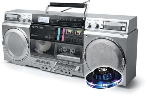 Bmi Enceinte Portable HiFi 80W Muse M-380 GBS Ghetto Blaster Enregistreur de Cassette CD Radio FM Bluetooth -Écran LCD, Soucoupe LED