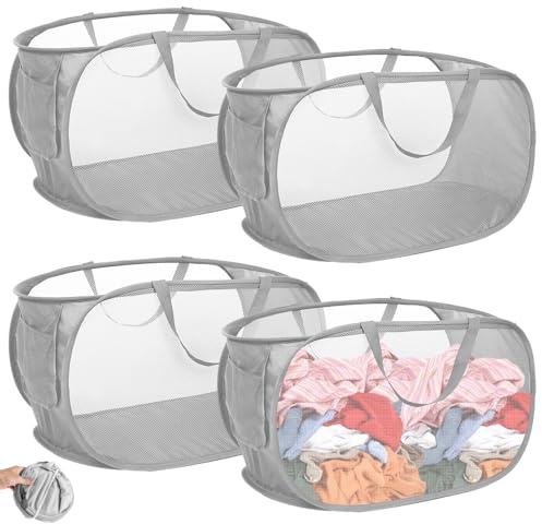 Oungy 4 Stück Pop Up Wäschekorbe 75L, 36 x 36 x 58 cm Faltbarer Wäschekorb mit Griff, Wäschekorb Klappbar mit Seitentasche, Wäschekorbe Tragbar, für Aufbewahrung Schlafzimmer Badezimmer Camping (Gray)