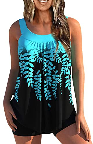 Tankini Maillot De Bain Femme 2 Pieces Taille Haute Tankini Shorty Grossesse Amincissant Maillot De Bain Grande Taille Ensemble avec Armature Bikini Ete Pas Cher Marque Swimwear(Bleu,XXL)