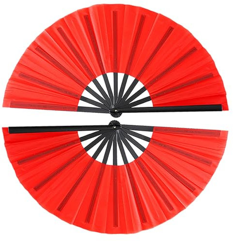 Oncpcare 2 Pcs Large Folding Hand Rave Fan, Chinese Kung Fu Line Dance Popping Fan for Men Women Girl Boy Gift (Red)