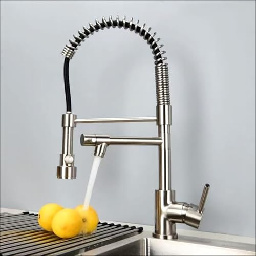 VAYEODEYU Küchenarmatur, Küchenarmatur, Feder-Küchenspültischarmatur mit ausziehbarer Brause, Küchenmischbatterie, schwenkbarer Auslauf, Messing, Dual-Mode-Küchenarmaturen, heiß und kalt, Gold(Brushed