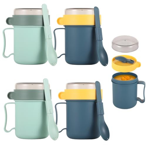 byepica Set of 4 Microwave Soup Mugs, 13.5 Oz Reusable Meal Prep Containers with Lids & Handles, Plastic Soup Cups for Heating & Storage, Blue & Green