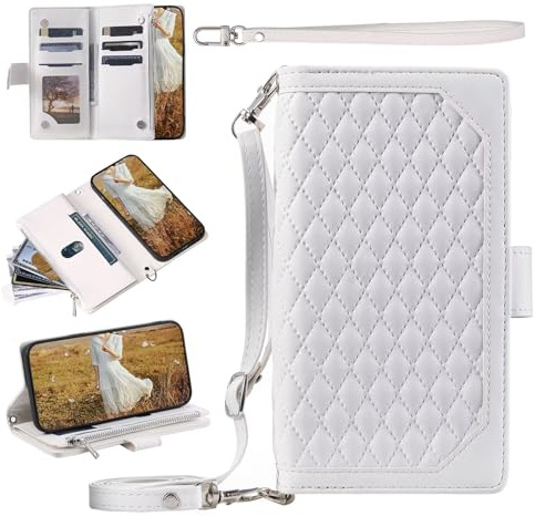 xinyunew Funda con Cuerda para Huawei P20 Lite/Nova 3E Carcasa con Correa Colgante Ajustable Collar,con Ranura para Tarjeta Cierre Magnético Flip Folio Protección Carcasa [Soporte Plegable] Blanco