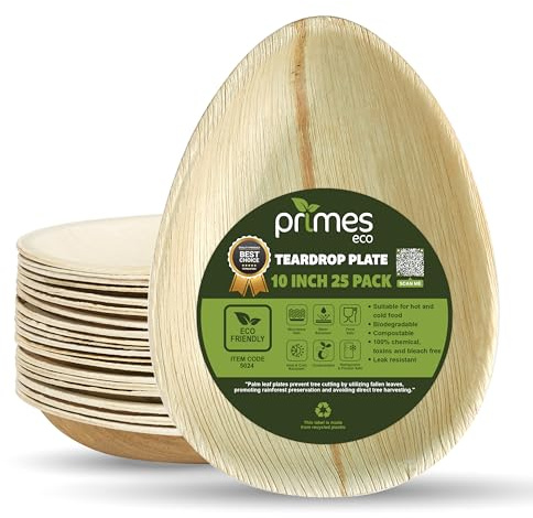 PRIMES ECO Palm Leaf Plates Teardrop/Oval Disposable Dinnerware, Rustic Wood Look, Microwave & Freezer Safe, Areca Leaf Party Plates for Appetisers, Canapés, Desserts (25, 10 Inch)