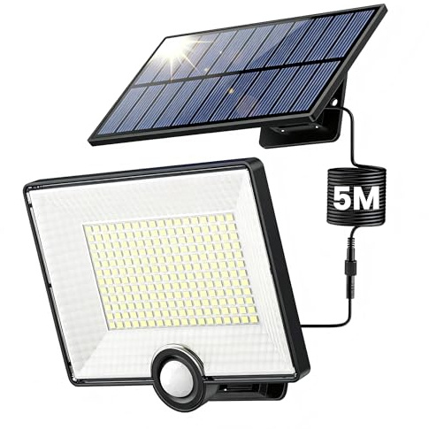 Solarlampen für Außen mit Bewegungsmelder, 204 LED 3 Modi Solar Aussenleuchte mit 5m Kabel IP65 Wasserdicht,Solar Wandleuchte Aussen Lampe Outdoor Solarleuchte 270° Solarstrahler für Aussen-1 Stück
