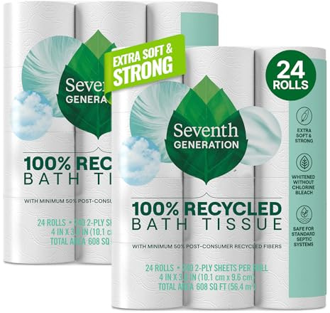 Seventh Generation Toilet Paper White Bathroom Tissue 2-ply 100% Recycled Paper without Chlorine Bleach 24 count, Pack of 2