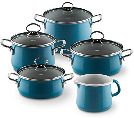 Riess, 0584-011, set da 5 pezzi, Novelle, Aquamarin extra forte, composto da: pentola per carne con coperchio in vetro da 16 e 20 cm, casseruola con coperchio in vetro da 16 e 20 cm e pentola da 12 cm