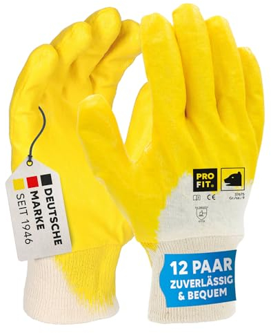 PRO FIT Nitril-Handschuh 12 Paar – Arbeitshandschuhe, Mechaniker-Handschuh, Schutzhandschuhe, Gartenhandschuhe ¾ beschichtet, Montagehandschuhe - Gelb, Gr. 7
