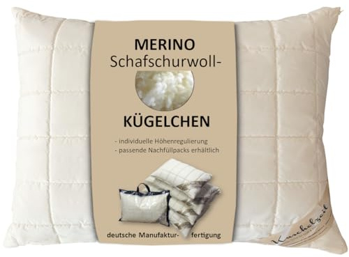 Meivita Merino Schafschurwolle Kopfkissen Kissen in 60x80 cm mit 750 Gramm Schurwoll Kügelchen zur individuellen Höhenverstellung und unterstepptem Baumwollbezug - Made in Germany