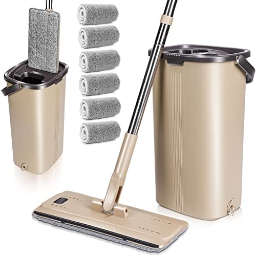MASTERTOP Wischmopp Set mit Eimer, 2 in 1 Bodenwischer mit Einstellbar Edelstahlgriff und 6 Mikrofaser Moppkopf, Hand-Frei Wischmop & Putzeimer mit auswringfunktion für Hartholz Laminat Fliesen