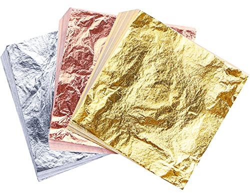KOOGEL Gold Leaf Sheet 300pcs, 14 x 14 cm Silver Rose Gold Foil Set 3 Color Gold Glitter Leaf Adhesive for Nails DIY Crafting Gilding Art Supplies Painting Christmas Home Furniture Decoration