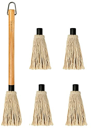 YFWOOD BBQ Mop Brushes for Sauce,18 Inch Grill Basting Mop Wooden Long Handle BBQ Mop with 4 Extra Replacement Heads for BBQ Grilling Smoking Steak