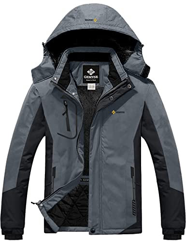 GEMYSE Herren Bergjacke Skijacke Outdoor Winter Wasserdicht Winddicht mit Fleece und Kapuze (Neutral Grau Schwarz,M)