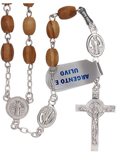 Holyart Rosenkranz aus 925er Silber und Olivenholz Heiliger Benedikt