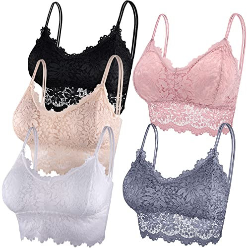 Duufin 5 Pieces Padded Lace Bralette Bandeau Tube Bra with Straps and Removable Pads for Women Girls, Pink, Grey, Black, Beige, White, S-M