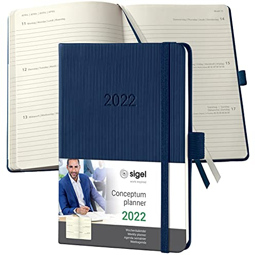 SIGEL C2263 Terminplaner Wochenkalender 2022 - ca. A6 - blau - Hardcover - 176 Seiten - Gummiband, Stiftschlaufe, Archivtasche - PEFC-zertifiziert - Conceptum