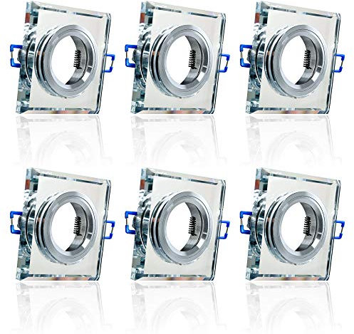 6x MAXKOMFORT Glas Einbaustrahler + GU10 Fassung ECKIG Einbauspot Einbauleuchte Rahmen Rostfrei Deckenspot Strahler Spot 3108