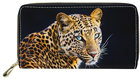 Dolyues 3D-Gelb-Leopard-Gepard-Druck-Frauen-Geldbörsen-Reißverschluss-PU-Leder-Kreditkartenhalter-mehrere Kartenfächer-Clutch-Tasche