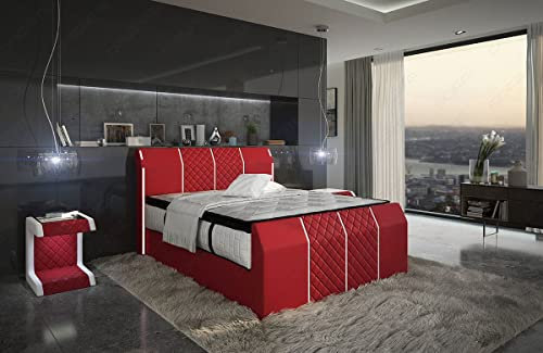 Sofa Dreams Boxspringbett Paris Bettgestell in Leder Stauraum LED Licht Hotelmatratze 140x200 160x200 180x200 200x200 200x220 (140 x 200 cm, Rot-Weiß)