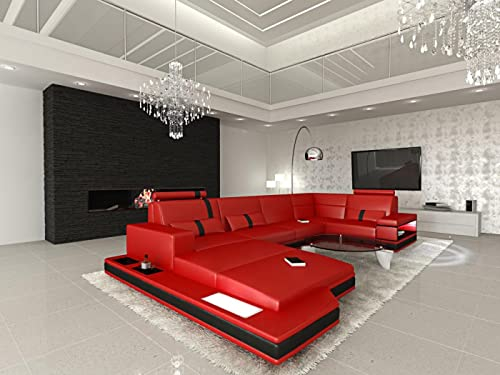 Sofa Wohnlandschaft Messana U Form Leder - mit LED Beleuchtung, verstellbare Kopfstützen, Recamiere/Lederfarben wählbar/Ausrichtung Ottomane wählbar (Ottomane Links, Rot-Schwarz)