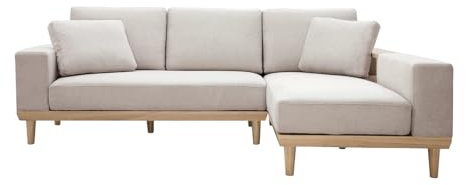 Miliboo Ecksofa rechts 5-Sitzer mit Stauraum Beiger Stoff mit Strukturiertem Samteffekt und helles Holz KOMAO