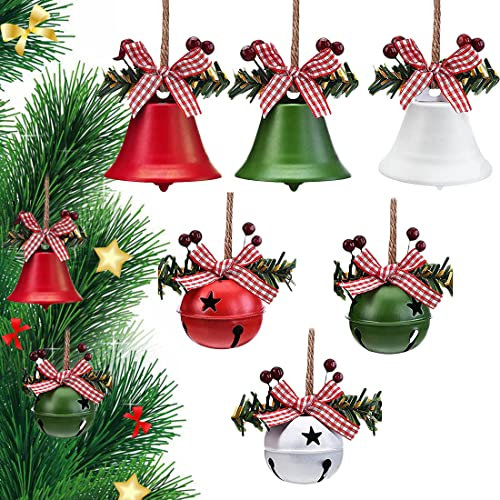 6 Pieces Christmas Jingle Bells Christmas Bells Decorations, FUKPO Christmas Tree Bell Ornaments Pendant Christmas Metal Bell, Christmas Hanging Bells for Crafting Wreath Window Door(Red Green White)