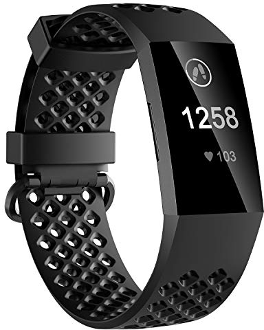 honecumi Ersatz für Fitbit Charge 4 Armband/Charge 3 Armband/Charge 3 SE Atmungsaktive Armband, Silikon Sport Charge 4 Ersatzarmband Wechselarmband Uhrenarmband Zubehör Band- Schwarz, Große