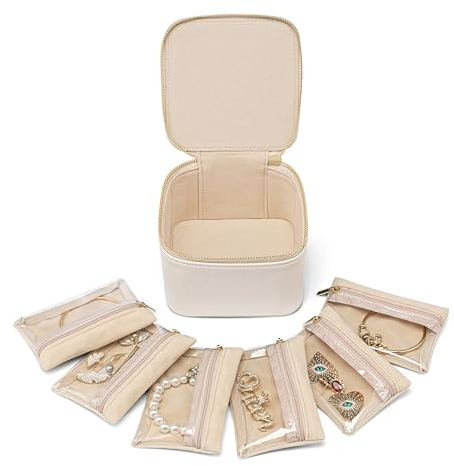 Vlando Kleines Reise-Schmuckkästchen, Schmuck-Reise-Organizer mit 6 Schmuckbeuteln, Geschenke für Valentinstag, Geburtstag, Ohrringe, Halskette, Ringe, Aufbewahrung, Geschenk-Box, Verpackung, Weiß
