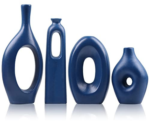 Lot de 4 vases en céramique Bleue - Vases Ronds Creux Boho pour décor d'herbe de Pampa et de Fleurs, Petits vases minimalistes Modernes pour Salon, Chambre, cheminée, centres de Table Basse