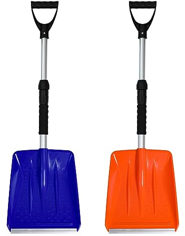 Kids Snow Shovel with D-Grip Handle, Aluminum Blade, Toddler Snow Shovel for Car Trunk, Emergencies, Driveways, and Car Snow Removal. (Age 3+, 2 Packs)