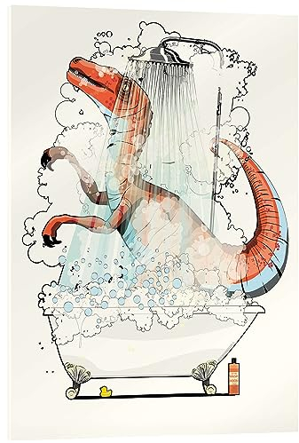 Posterlounge Vélociraptor sous la douche Tableau en verre acrylique de Wyatt9 50 x 70 cm Tableaux Décoration murale