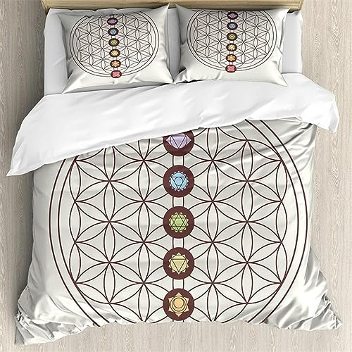 Chakra-Zen-Bettbezug Boho-Bettwäsche-Set 135x200 Blume des Lebens Heilige Geometrie Schicker Mandala-Bettbezug Für Kinder Jungen Und Mädchen Dekorative 2/3-Teilige Bettwäsche Mit Kissenbe