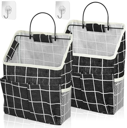 Set of 2 hanging storage organizers, waterproof wall bags, foldable linen fabric with pockets, for children's room, bathroom, bedroom, office, RV (black)