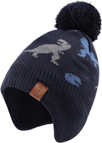 Malaxlx Baby Kinder Pom-Pom Mütze Winter Warm gestrickte Ohrenschützer Mütze Fleece-Futter Ski Schädellkappe für 6 Monate - 8 Jahre Jungen Mädchen