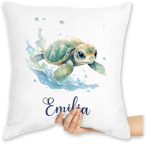 Kissen 40x40 Zierkissen - Schildkröte mit Name personalisiert I Zootiere I Panzertier - 40 x 40 cm - Weiß - personalisierte schildkröten Turtle tiermotiv Pillow schildkrötenmotiv und Turtles