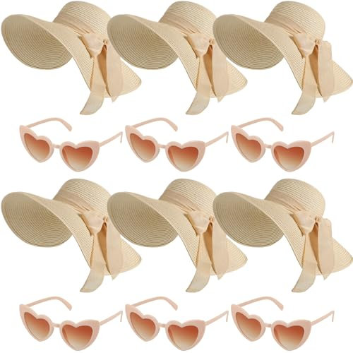 Jeyiour Lot de 12 chapeaux d'été souples à large bord avec lunettes en forme de cœur et nœud en paille pour femme, beige, Taille unique