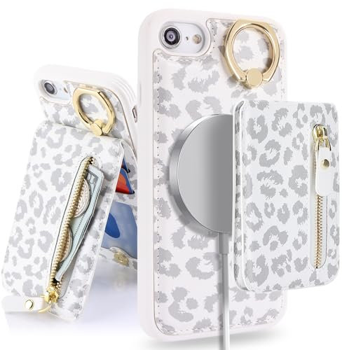 SailorTech Case for iPhone 7/8/SE2/SE3 With Card Holder, Ring Stand, Kickstand, Card Slots - 2-in-1 Detachable Wallet Cover for iPhone 7/8/SE 2020/SE 2022 - White Leopard