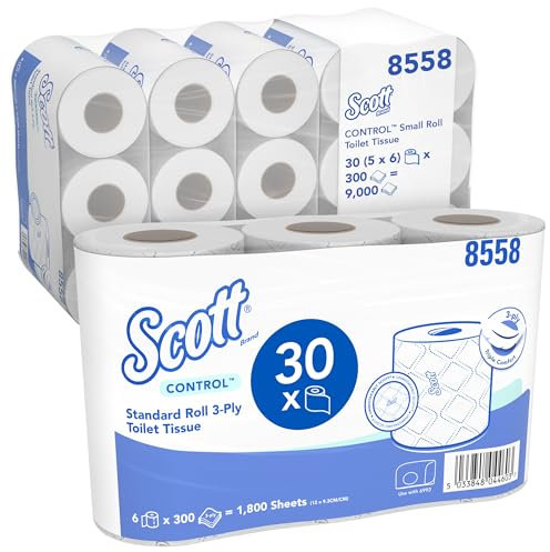 Scott® Control™ Small Roll Toilet Tissue 8558 – 3-Ply Recycled Toilet Rolls for Hygienic Everyday Use – 5 Packs of 6 Rolls x 300 Sheets (30 Rolls / 9,000 White Sheets Total)