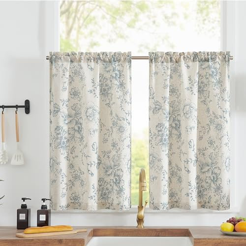 TOPICK Linen Blend Blue Floral Kitchen Curtains 24 Inch Drop Small Cafe Curtains Light Filtering Short Curtain Tiers for Bathroom Sink Rod Pocket 2 Panels