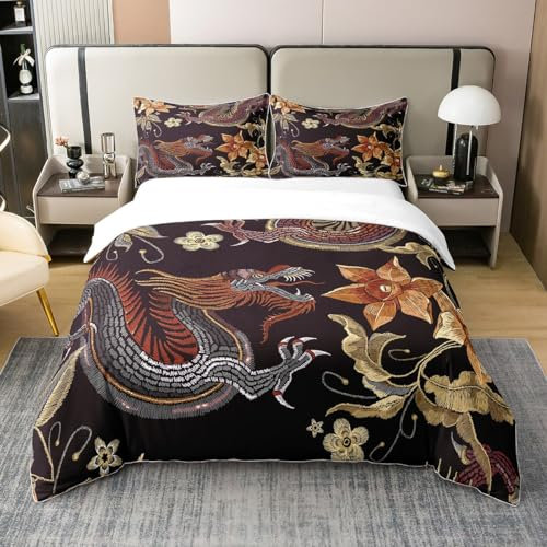 Loussiesd Bettbezug Set chinesischen Stil Drachenblumenmuster Bettwäsche Set 135x200cm 100% Baumwolle für Mädchen Erwachsene Vintage Blumen Bedruckte Betten Set Luxus Atmungsaktive 2St