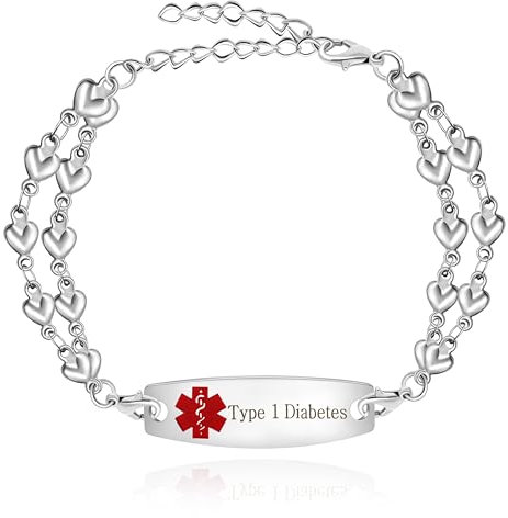 Oneress Verstellbares Medizinisches Armband Für Frauen, Edelstahlanhänger Mit Doppelter Herzkette, Roter Medizinischer Ausweis Für Typ-1-Diabetes Für Mutter YA3990 Typ-1