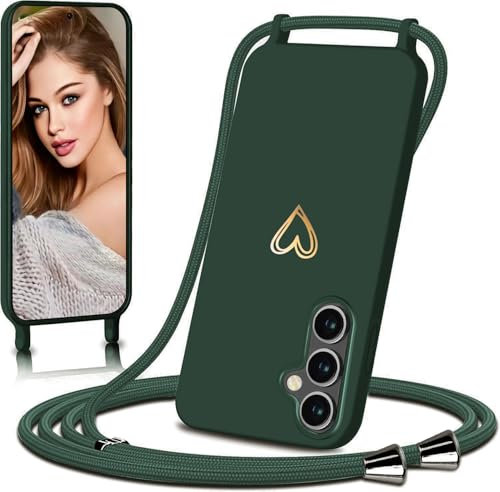 Eherui handyband für Samsung Galaxy S24 Hülle mit Band,Design Gold Herz,Dünn Stoßfeste SchutzHülle,mit Abnehmbar Kordel zum Umhängen Liquid Silikon Case Handyhülle für Samsung S24,Grün