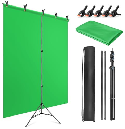 JEBUTU Greenscreen mit Ständer 1,5x2m, Verstellbarer Foto Hintergrund Ständer, Green Screen Stoff 1,5x2m mit 5 Klemme & Tragetasche für Chroma Key Streaming Gaming Fotoshooting Video Zoom