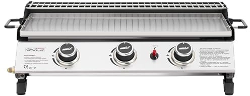 Royal Gourmet Plancha Gaz Propane en Acier Inoxydable, 3 Brûleurs Puissance 7.5kW, Surface Cuisson 61,5 x 32cm avec Grille de Réchauffage, Adapté pour Le Camping et l' Extérieur, Argent