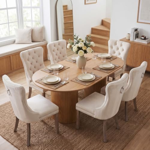 SoarTalent 6er Set Esszimmerstühle Samt gepolstert Nagelkopf, Beige | Samt gepolstert, Nagelkopfbesatz, Massivholzbeinen, Metall-Ziehring, für Esszimmer & Wohnzimmer