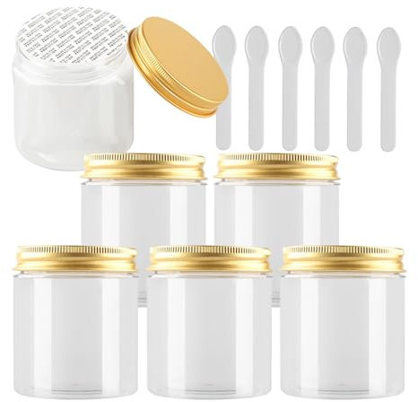 PQPAUTY 6 Pieces Empty 250g Transparent Plastic Cosmetic Jars with Gold Screw Lid Small Pot for Cosmetic Homemade Cream Gel Lip Balm Salve Storage Containers Travel