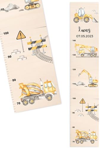 Bärenfreunde® - Personalisierte Messlatte Kind Holz zum Kleben oder Aufhängen - Skala 70-140cm - Süße Dekoration für Baby- & Kleinkinderzimmer (Kinder 70-140cm, Baggerfahrzeuge)
